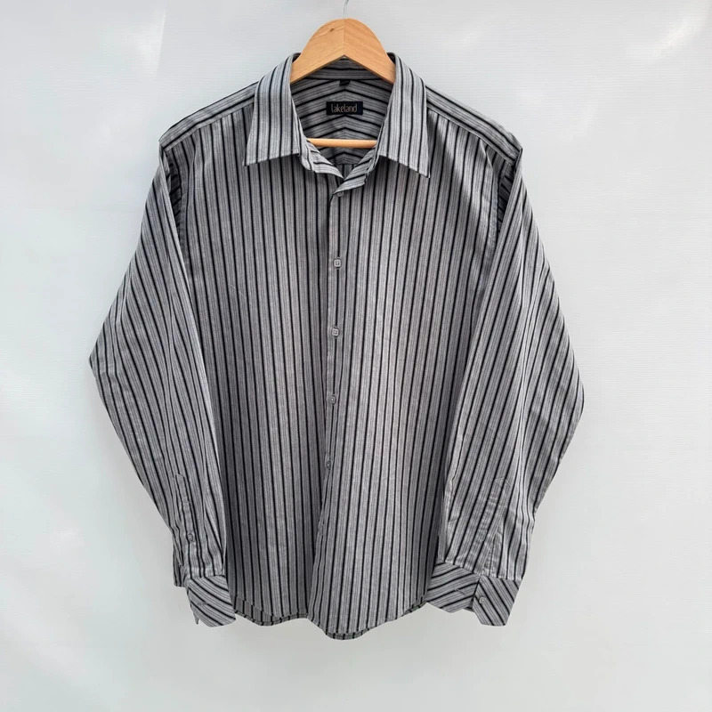 Lakeland Grey Black Stripe Shirt Size L 100% Cotton Long Sleeve Smart Casual