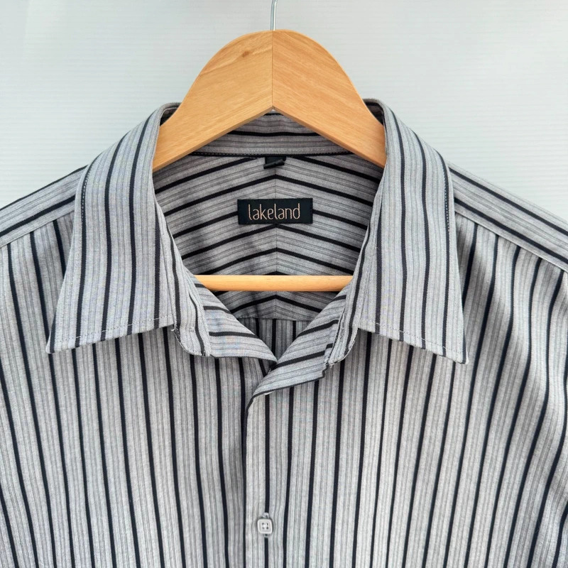 Lakeland Grey Black Stripe Shirt Size L 100% Cotton Long Sleeve Smart Casual - Image 2