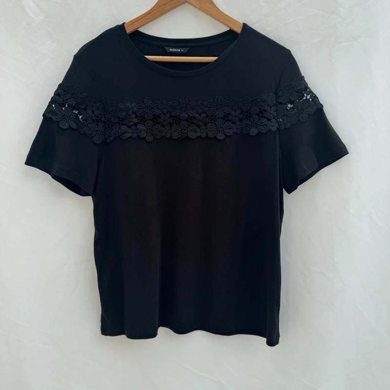 Roman Black Jersey Top | UK 14 | Floral Lace Cut-Out Shoulders