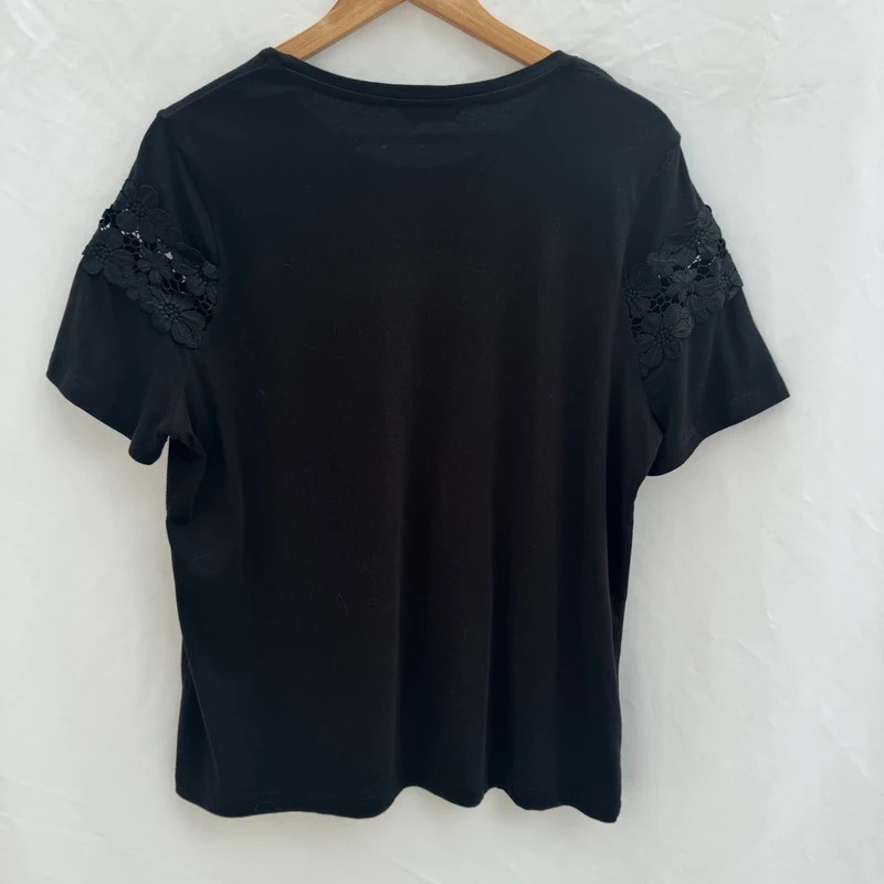Roman Black Jersey Top | UK 14 | Floral Lace Cut-Out Shoulders - Image 2