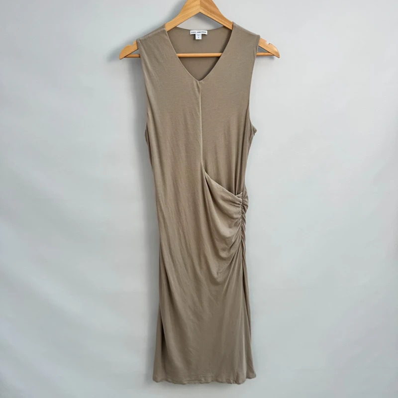 Standard James Perse Taupe Ruched Midi Dress Size 2 UK 10 Sleeveless V-Neck Casual Luxury
