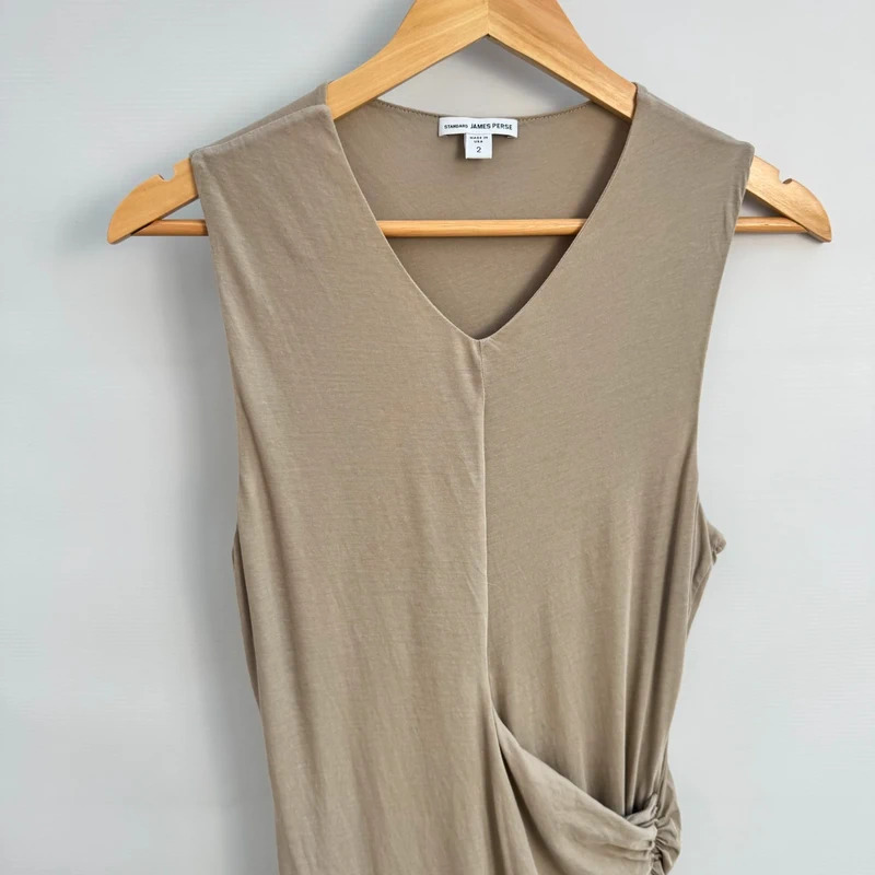 Standard James Perse Taupe Ruched Midi Dress Size 2 UK 10 Sleeveless V-Neck Casual Luxury - Image 2