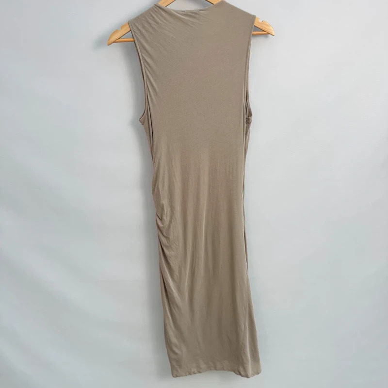 Standard James Perse Taupe Ruched Midi Dress Size 2 UK 10 Sleeveless V-Neck Casual Luxury - Image 6