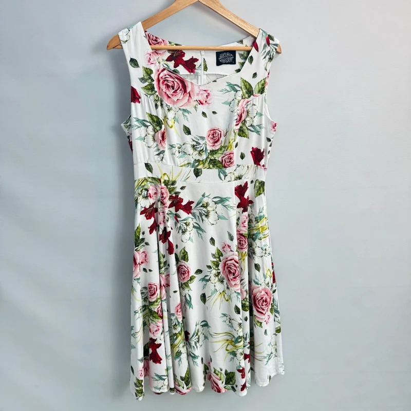 Hearts & Roses London Carole Floral Swing Dress Retro 50s Sweetheart Neck UK 14 RRP £75