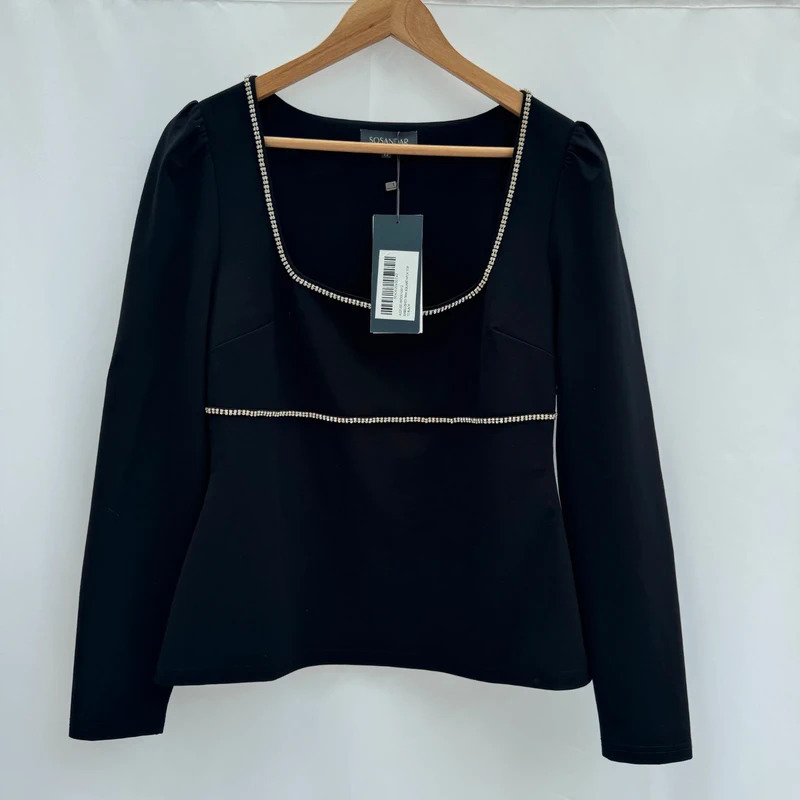 Sosandar Black Diamanté Square Neck Long Sleeve Top UK 12 BNWT