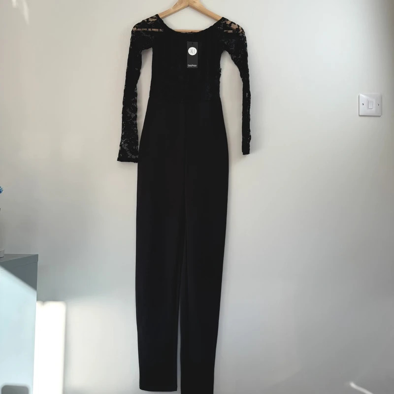 Boohoo Tall Black Lace Off-The-Shoulder Jumpsuit | UK 10 | BNWT | Long Sleeve