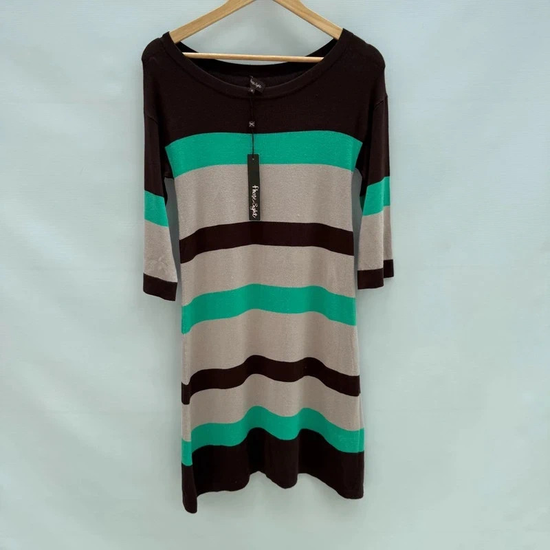 Phase Eight Colour Block Knit Dress UK 8 Brown Cream Turquoise 3/4 Sleeve NWT