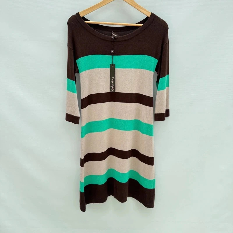 Phase Eight Colour Block Knit Dress UK 8 Brown Cream Turquoise 3/4 Sleeve NWT - Image 2