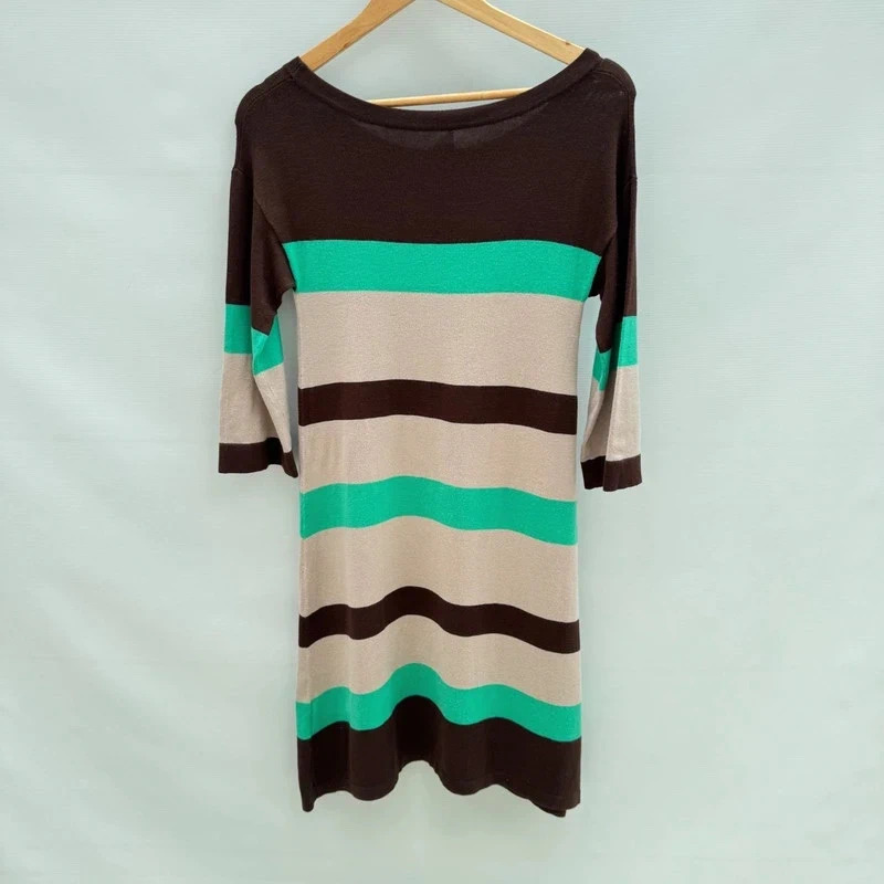 Phase Eight Colour Block Knit Dress UK 8 Brown Cream Turquoise 3/4 Sleeve NWT - Image 3