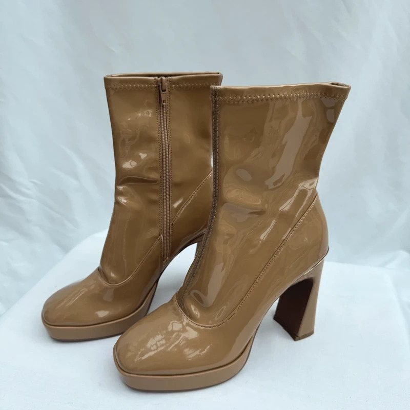 River Island Camel Patent Platform Ankle Boots UK 6 EU 39 Block Heel Side Zip