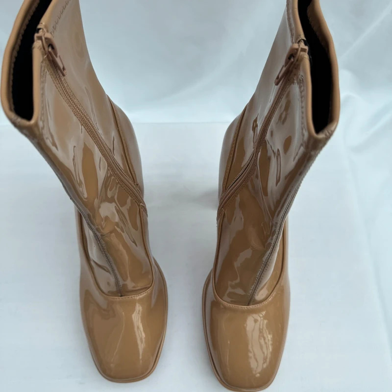 River Island Camel Patent Platform Ankle Boots UK 6 EU 39 Block Heel Side Zip - Image 2