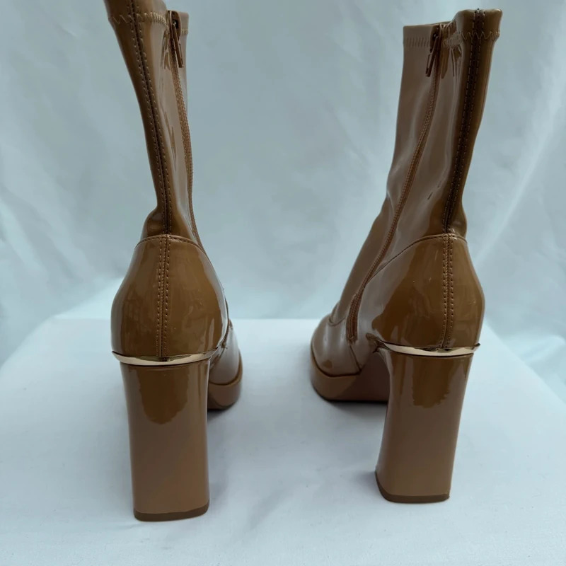 River Island Camel Patent Platform Ankle Boots UK 6 EU 39 Block Heel Side Zip - Image 4
