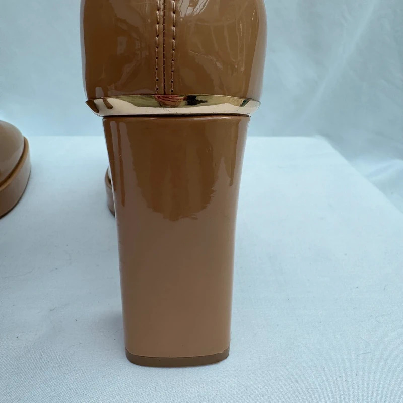 River Island Camel Patent Platform Ankle Boots UK 6 EU 39 Block Heel Side Zip - Image 6