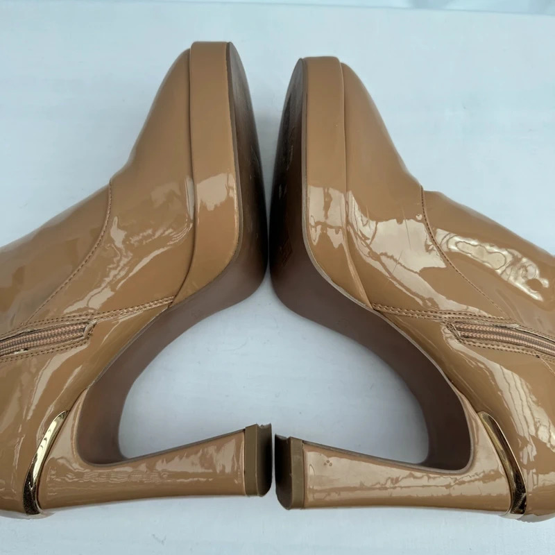 River Island Camel Patent Platform Ankle Boots UK 6 EU 39 Block Heel Side Zip - Image 7
