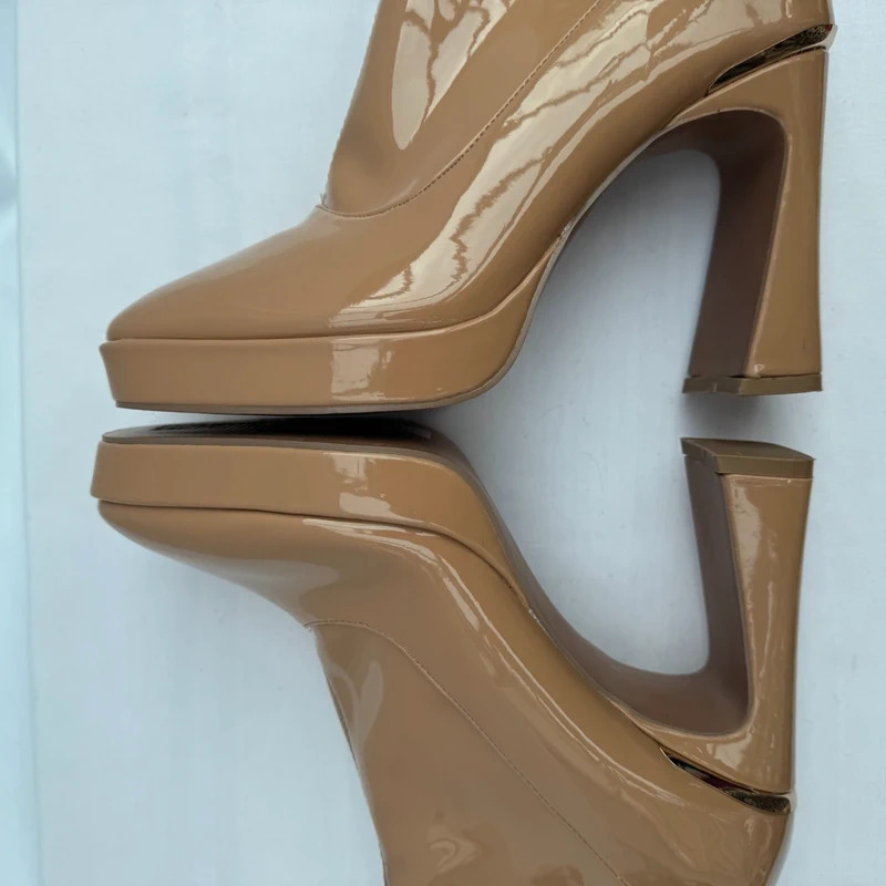 River Island Camel Patent Platform Ankle Boots UK 6 EU 39 Block Heel Side Zip - Image 8