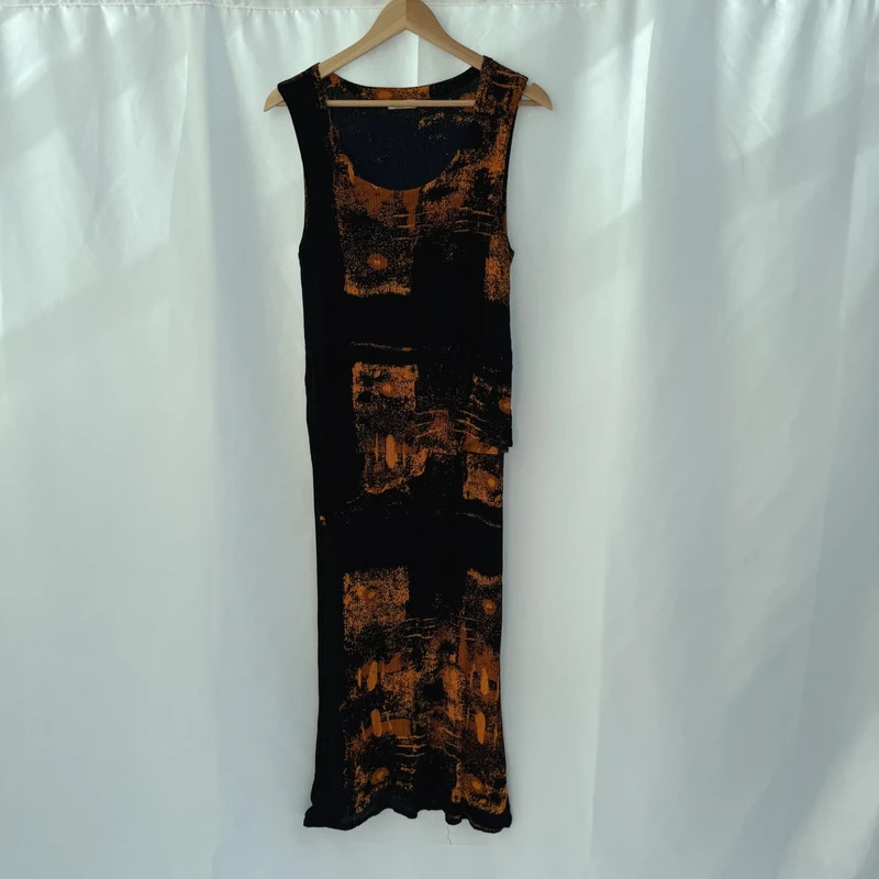 Ikat Black Rust Abstract Print Maxi Dress 100% Viscose Handmade UK 10-12