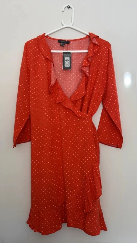 Primark Red White Polkadot Wrap Frill Midi Dress BNWT UK16 Tea Dress