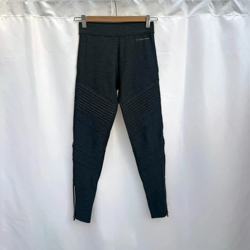 Oysho Fitness Dark Grey Moto Leggings Zips Ankle Ribbed Panels Size XS / UK 4–6