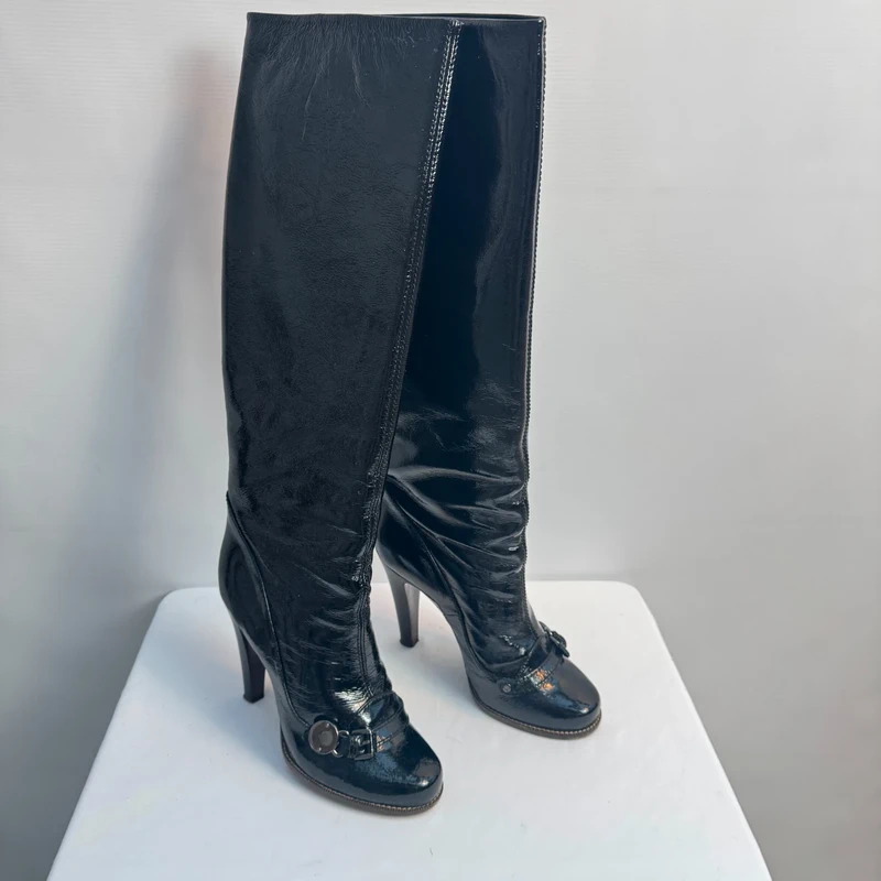 Mulberry Bayswater Knee Boots EU39 UK6 Worn Once Black Wrinkled Patent AW09 Box