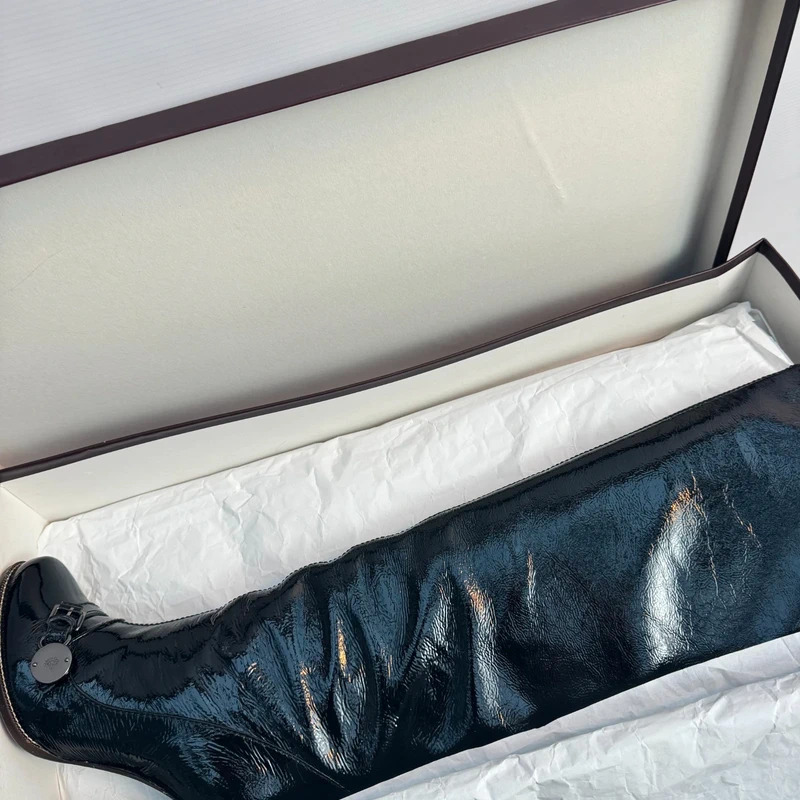 Mulberry Bayswater Knee Boots EU39 UK6 Worn Once Black Wrinkled Patent AW09 Box - Image 2