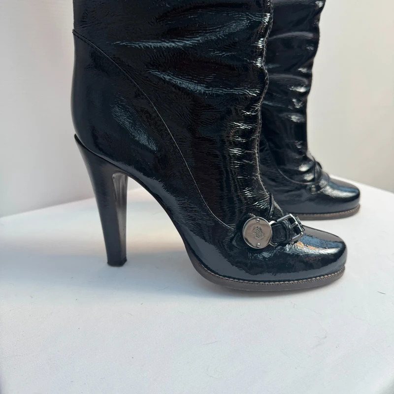 Mulberry Bayswater Knee Boots EU39 UK6 Worn Once Black Wrinkled Patent AW09 Box - Image 4