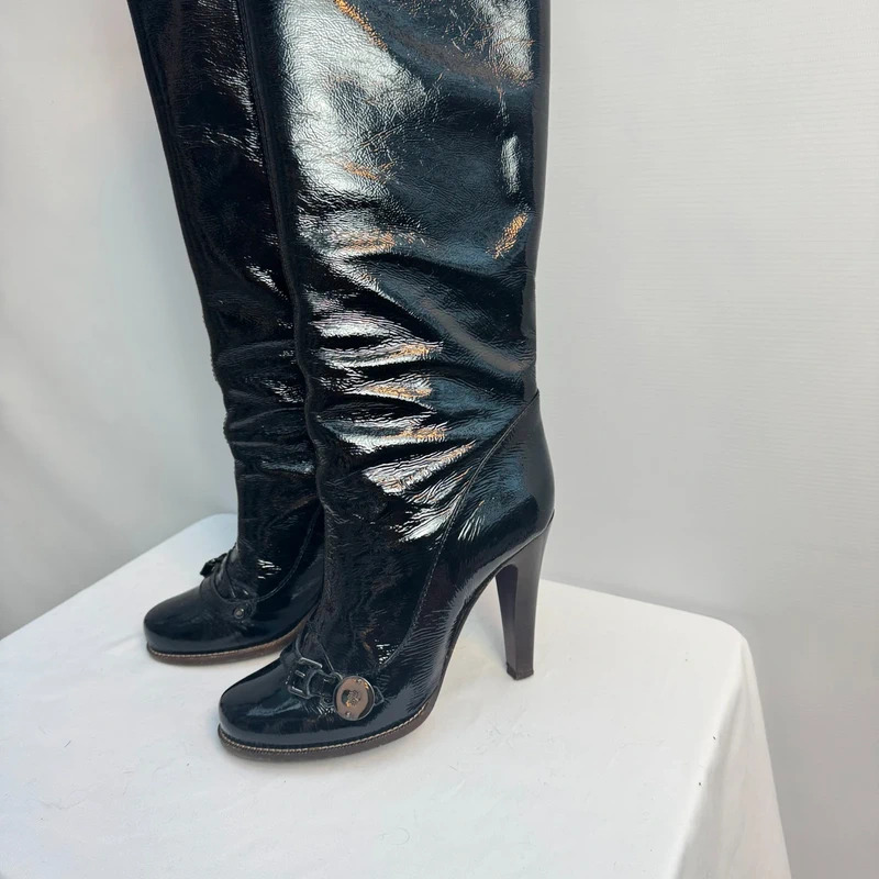 Mulberry Bayswater Knee Boots EU39 UK6 Worn Once Black Wrinkled Patent AW09 Box - Image 5