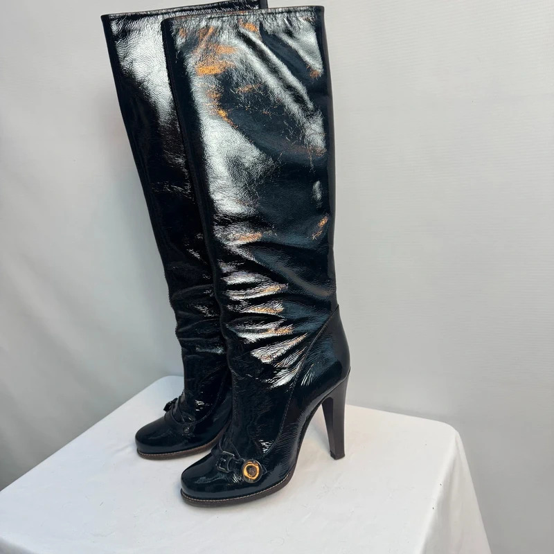 Mulberry Bayswater Knee Boots EU39 UK6 Worn Once Black Wrinkled Patent AW09 Box - Image 6