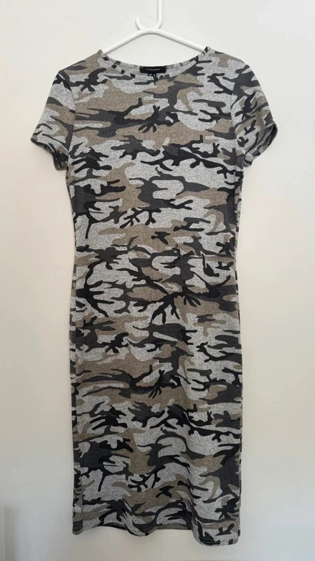 Atmosphere camo Bodycon Midi Dress UK 16 Grey Khaki Stretch Short Sleeve