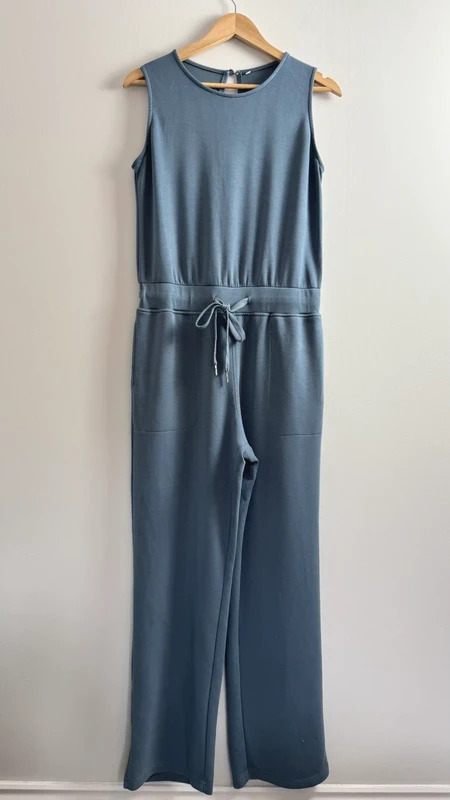 Slate Blue Sleeveless Jumpsuit Size L Drawstring Waist Pockets Wide Leg Stretch