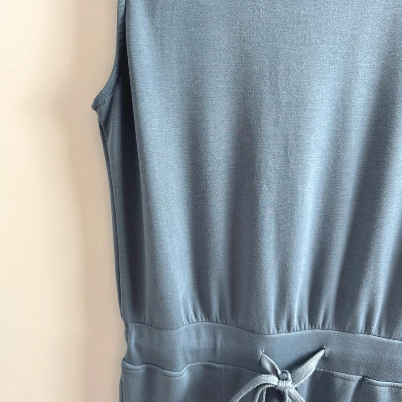 Slate Blue Sleeveless Jumpsuit Size L Drawstring Waist Pockets Wide Leg Stretch - Image 2