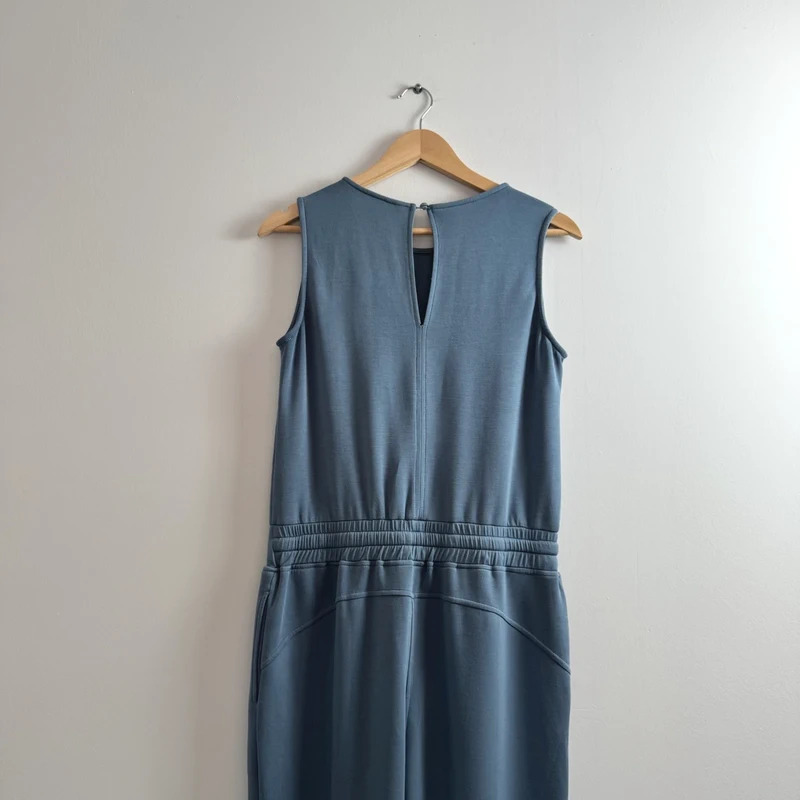Slate Blue Sleeveless Jumpsuit Size L Drawstring Waist Pockets Wide Leg Stretch - Image 4