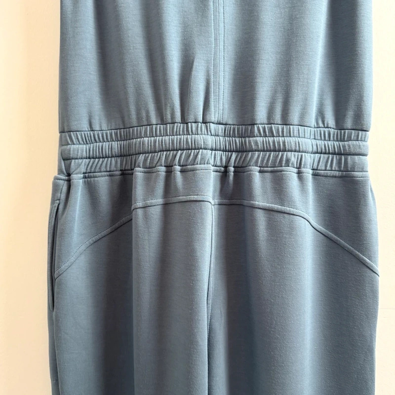 Slate Blue Sleeveless Jumpsuit Size L Drawstring Waist Pockets Wide Leg Stretch - Image 5