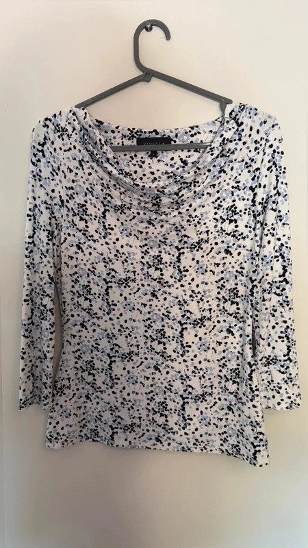 Viyella Floral Print cowl Neck Top White Blue Stretch Jersey UK 8 Small 3/4