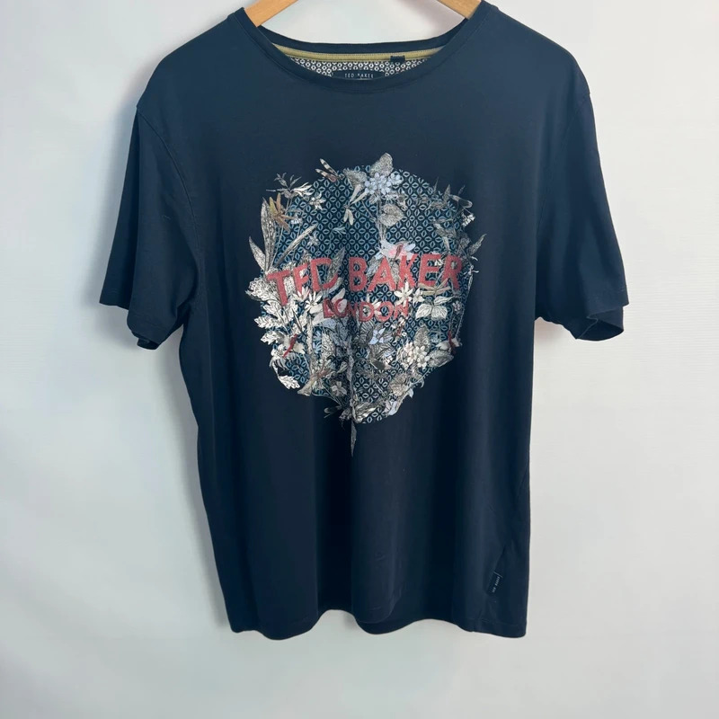 Ted Baker London T-Shirt Men's XL 42" Chest Navy Organic Cotton Floral Dragonfly LogoFly