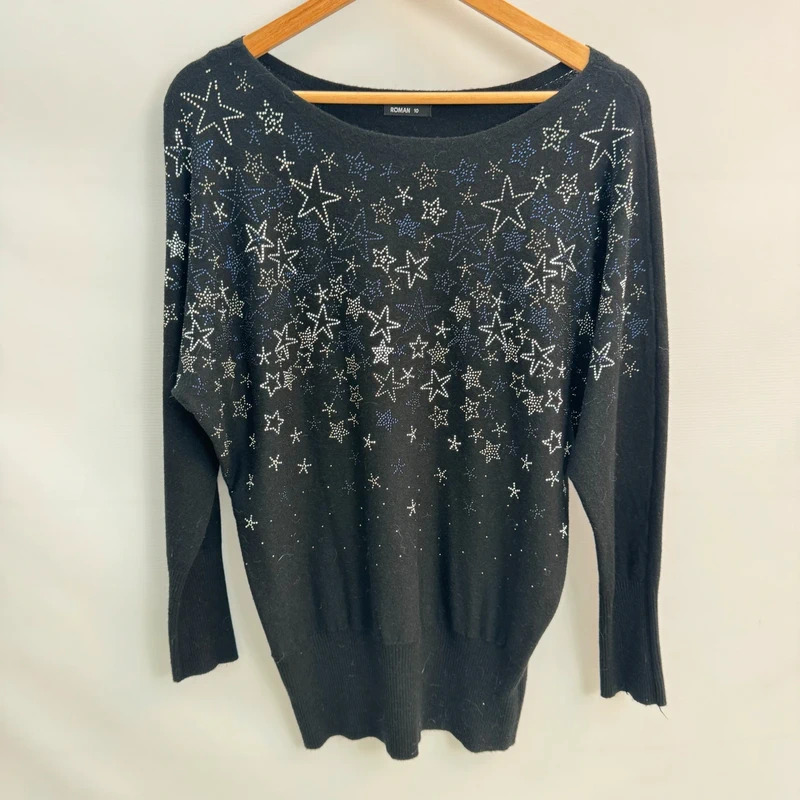 Roman Black Jumper UK 10 Silver Blue Star Embellished Batwing Slouchy Knit Sweater