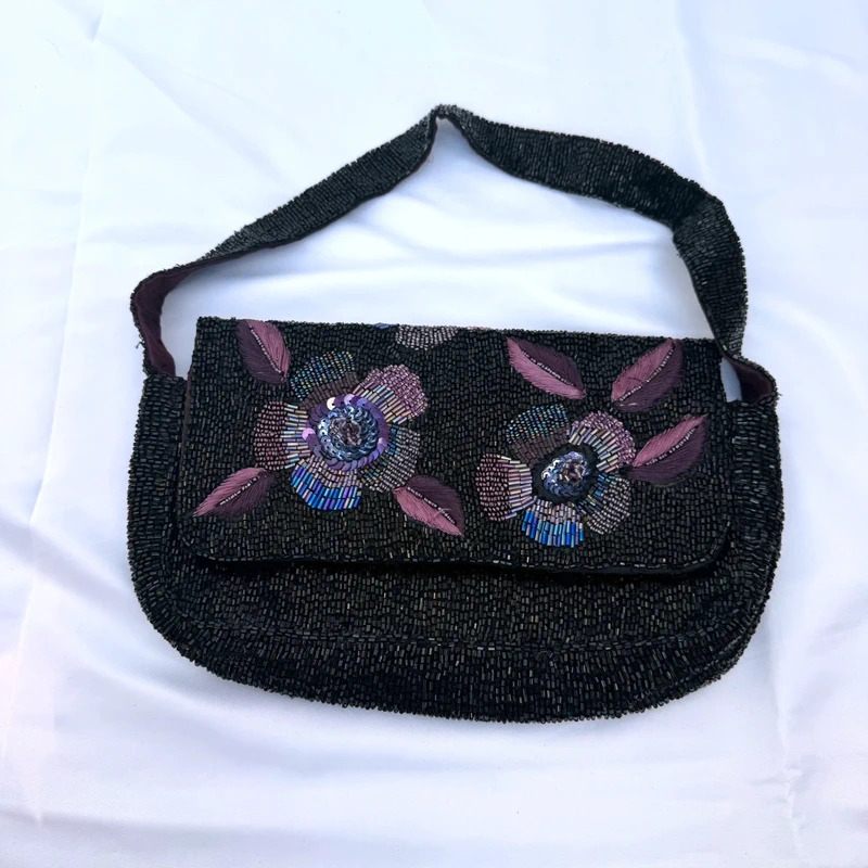 Accessorize Black Beaded Floral Embroidered Shoulder Bag Vintage Y2K Evening Handbag
