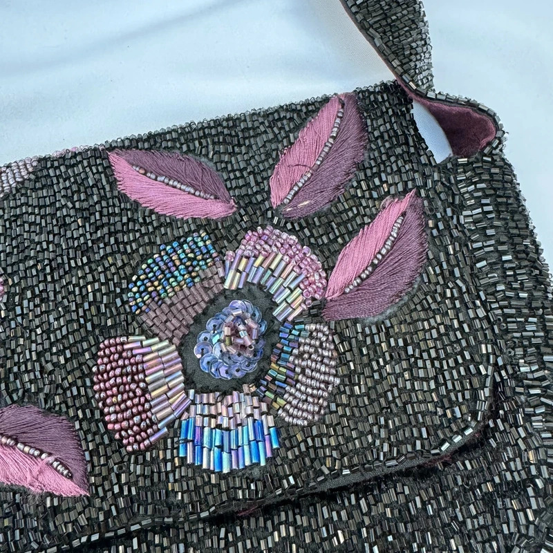 Accessorize Black Beaded Floral Embroidered Shoulder Bag Vintage Y2K Evening Handbag - Image 2