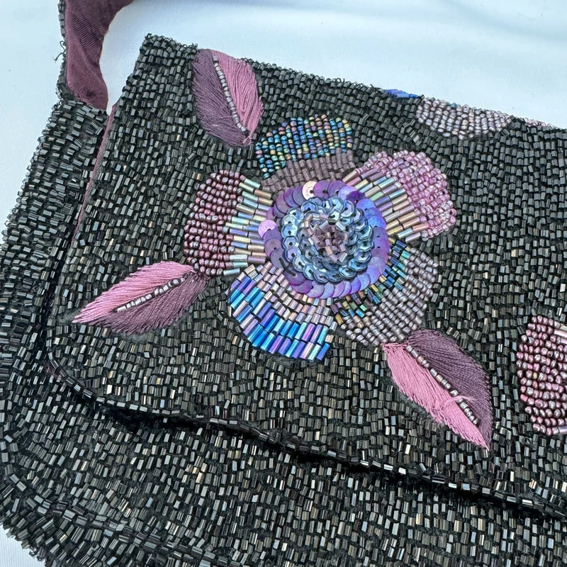 Accessorize Black Beaded Floral Embroidered Shoulder Bag Vintage Y2K Evening Handbag - Image 3