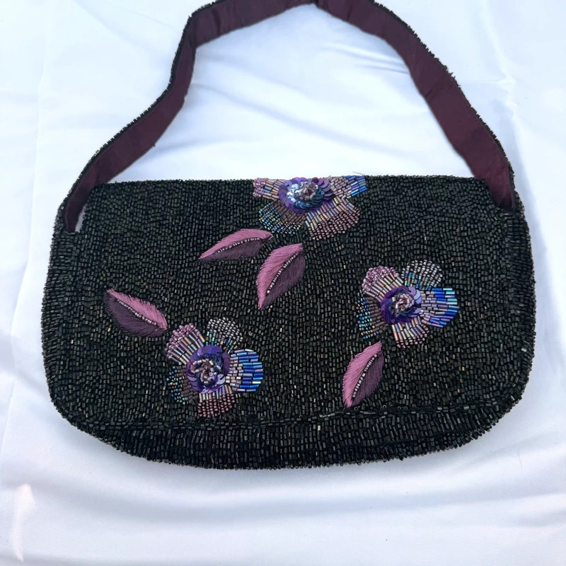 Accessorize Black Beaded Floral Embroidered Shoulder Bag Vintage Y2K Evening Handbag - Image 4