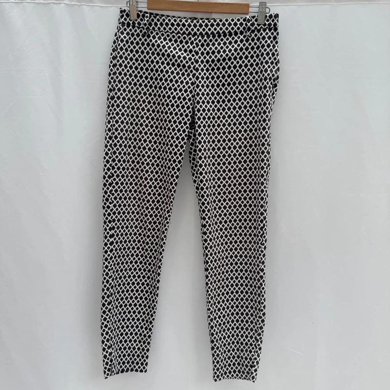 H&M Dark Grey White Geometric Print Slim Trousers UK 8 W30 L27 Cotton Blend Ankle