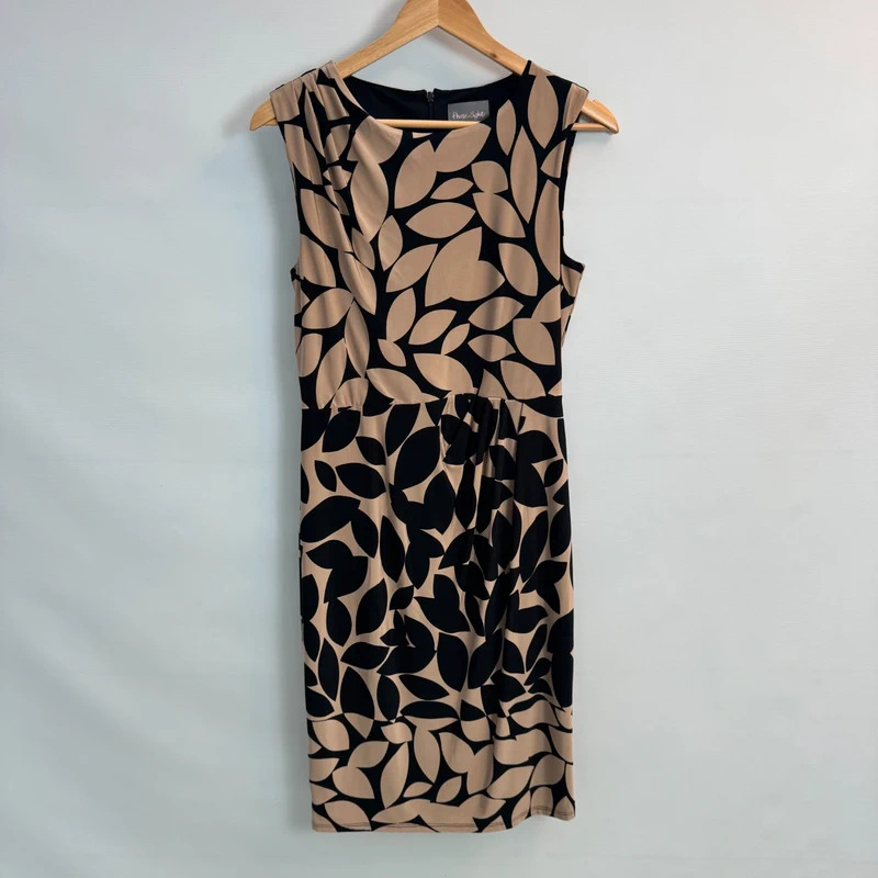 Phase Eight Dress UK 12 Black Beige Leaf Print Sleeveless Ruched Waist Knee Length Stretch