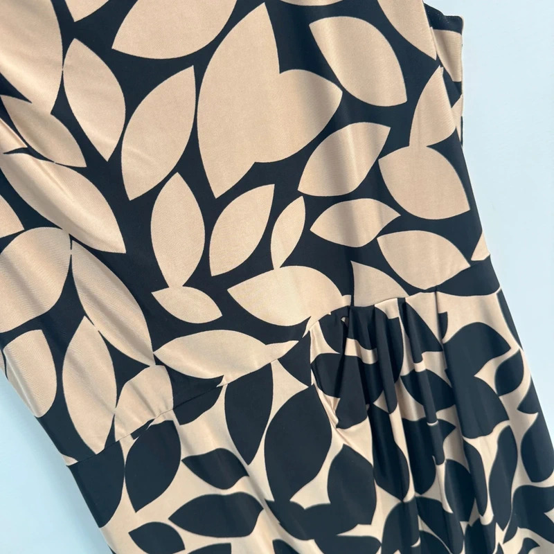 Phase Eight Dress UK 12 Black Beige Leaf Print Sleeveless Ruched Waist Knee Length Stretch - Image 2