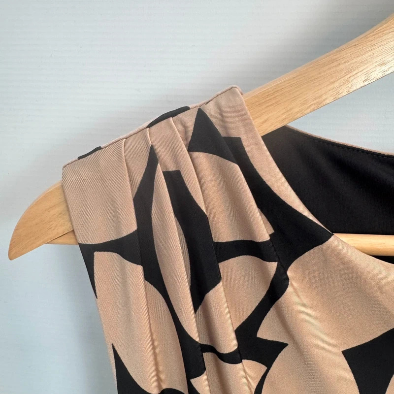 Phase Eight Dress UK 12 Black Beige Leaf Print Sleeveless Ruched Waist Knee Length Stretch - Image 3