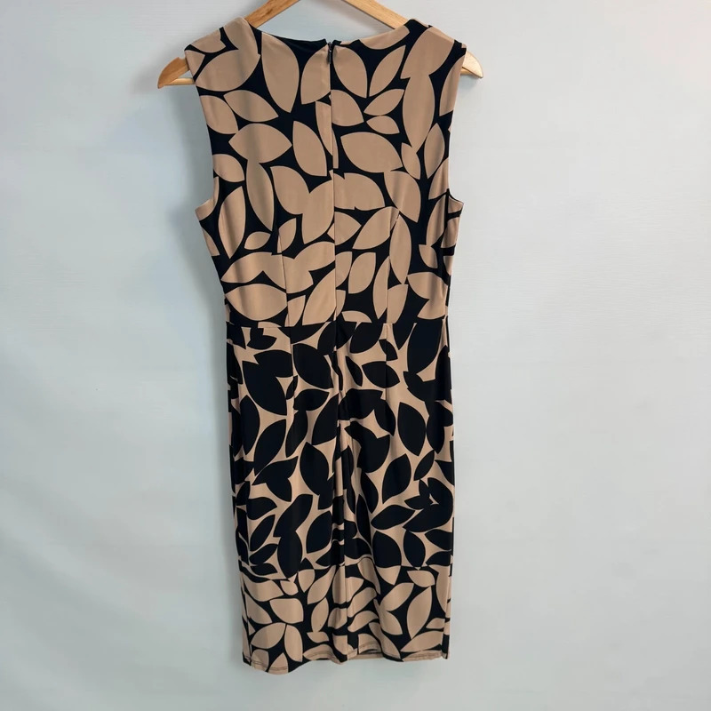 Phase Eight Dress UK 12 Black Beige Leaf Print Sleeveless Ruched Waist Knee Length Stretch - Image 5