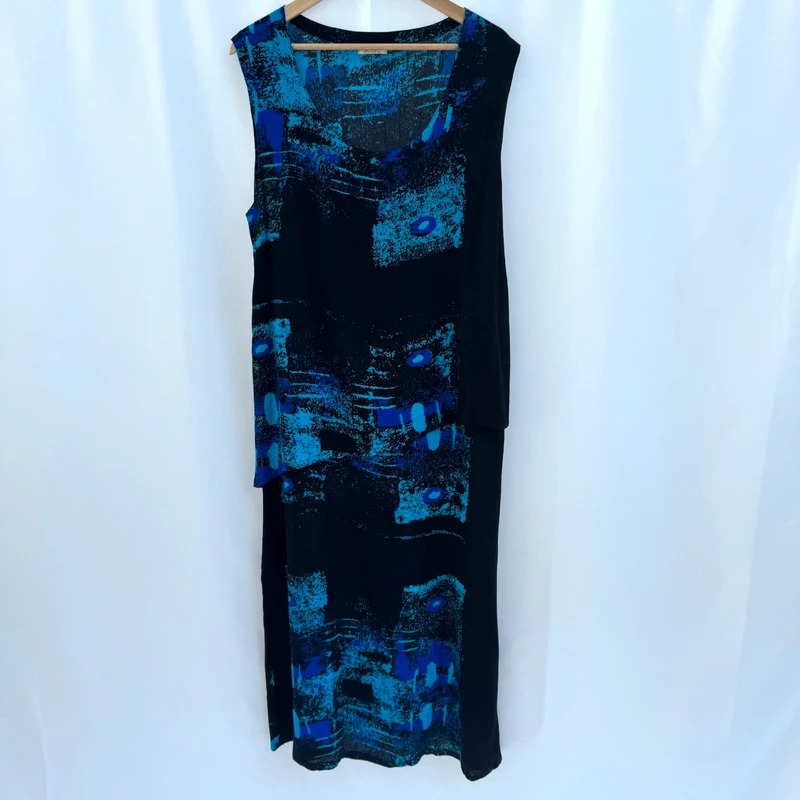 IKAT Y2K Blue Black Abstract Cat Print Asymmetric Maxi Dress UK 14 16