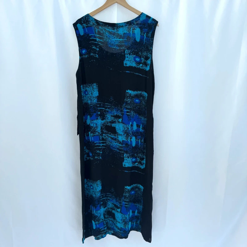 IKAT Y2K Blue Black Abstract Cat Print Asymmetric Maxi Dress UK 14 16 - Image 5