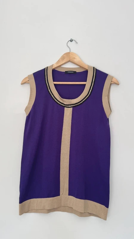 Versace Archive 2009 Silk Knit Vest Top Purple Gold Chain Detail IT 42 UK 10