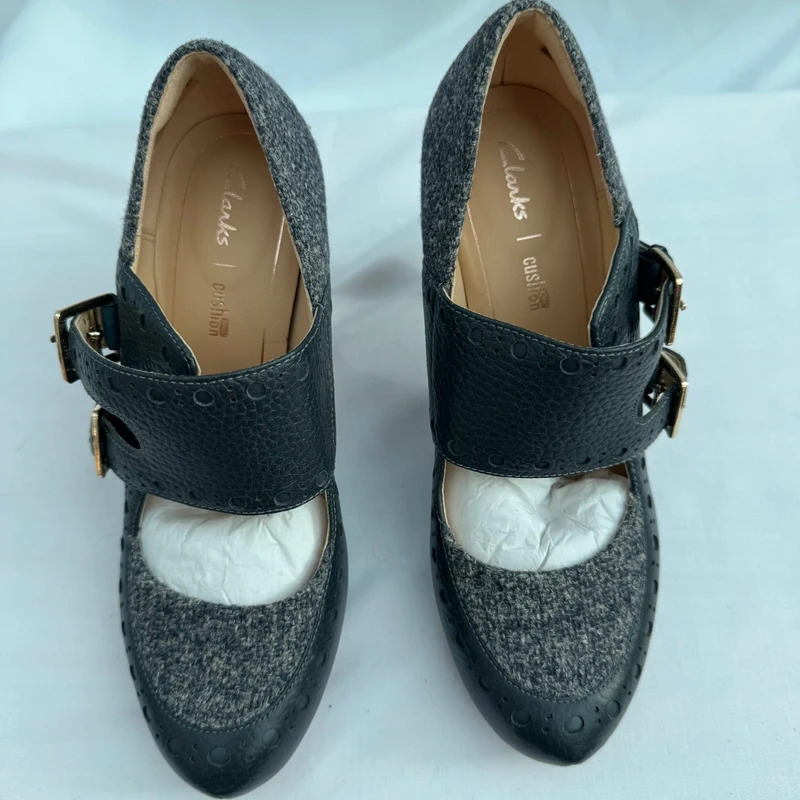 Clarks Dalia Violet Dark Grey Combi Heels UK 4.5D Leather Tweed Boxed - Image 4