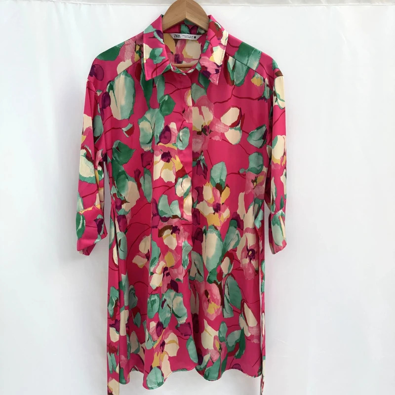 Zara Pink Floral Satin Shirt Dress UK 10-12 M Belted Mini Tunic Dress