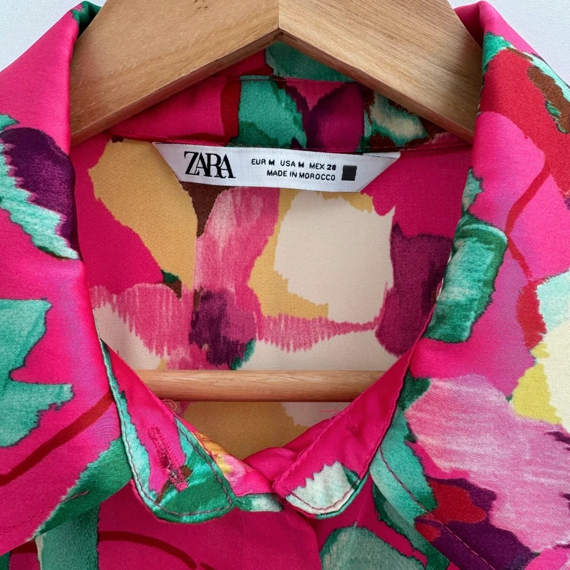 Zara Pink Floral Satin Shirt Dress UK 10-12 M Belted Mini Tunic Dress - Image 2